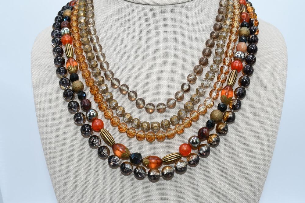 Vintage 1950s Five Strand Earth Tone Beaded Necklace Button Box Clasp